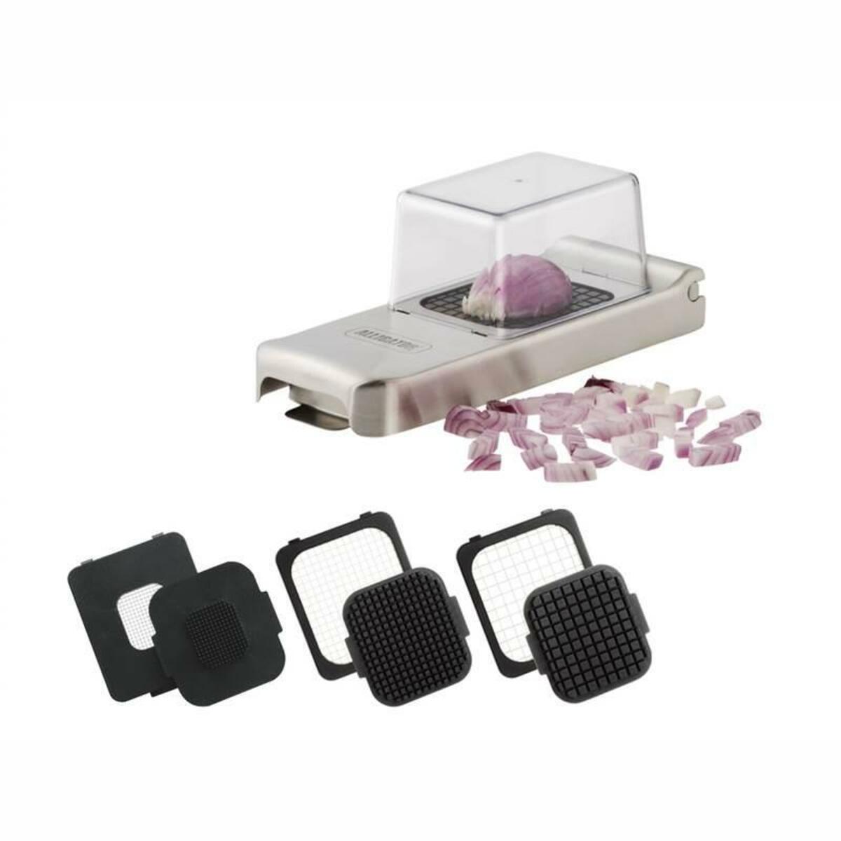 Alligator onion cutter with collection tray and 3 blades