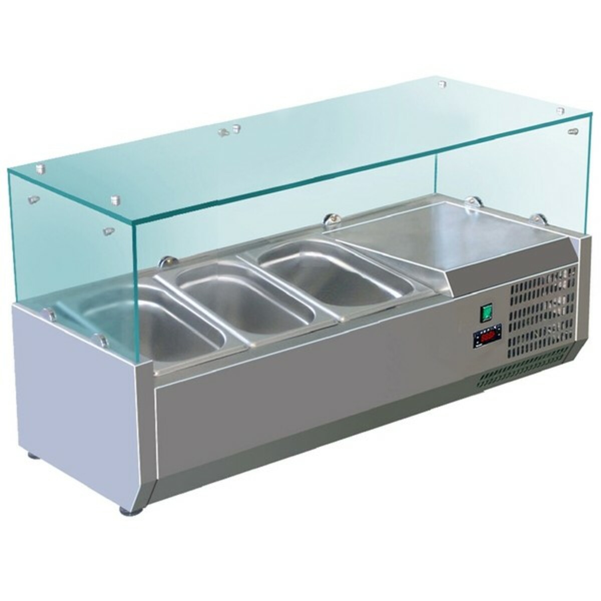 Countertop refrigerated salad display case with glass sneeze guard 3 pans 1/4