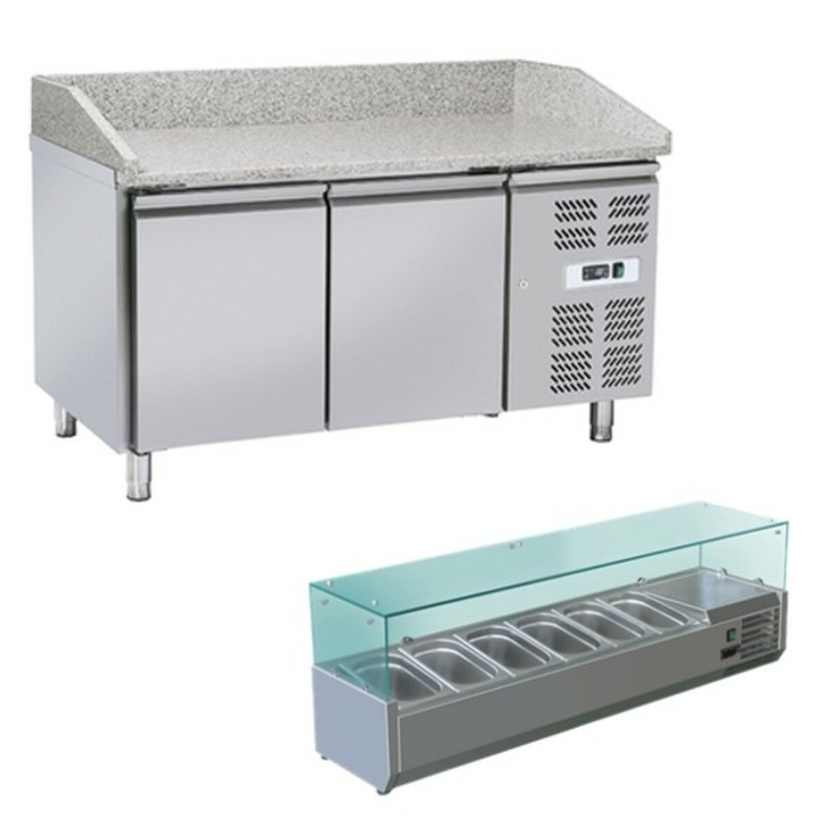 Pizza prep table 2 doors, display unit 5 pans