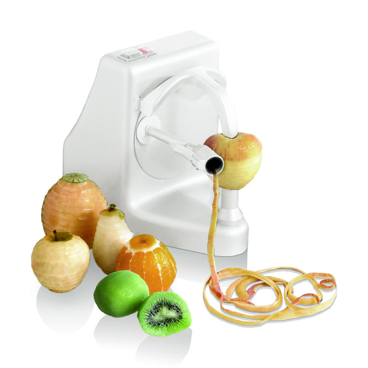 Semi-professional electric peeler for citrus fruits, onions, and round fruits and vegetables