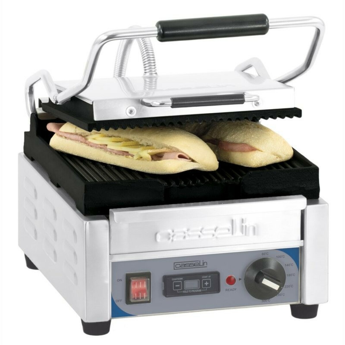 Small Ribbed Panini Grill Casselin CGPRRPPT with Timer