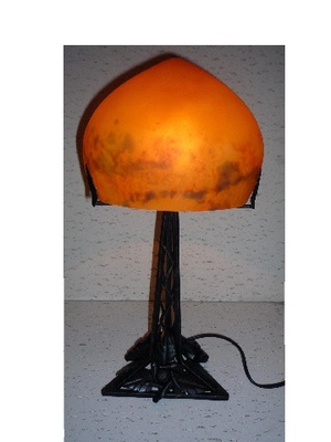 Wrought iron and glass paste lamp, triangle, orange